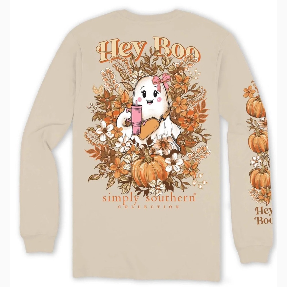 Simply southern HEY BOO Ghost fall Halloween graphic oversized long sleeve top S
